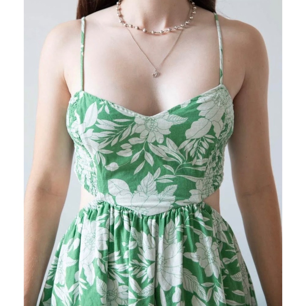 American Eagle Green Floral Tropical Corset Back Cut Out Midi Dress Medium - Picture 3 of 10